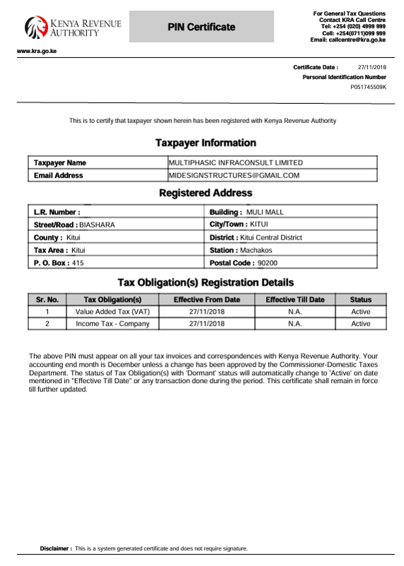 KRA PIN Certificate